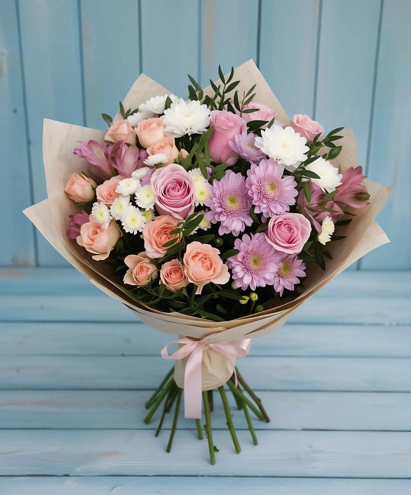 Букет цветов из: Хризантемы, Розы и Альстромерии в хуторе Ленина