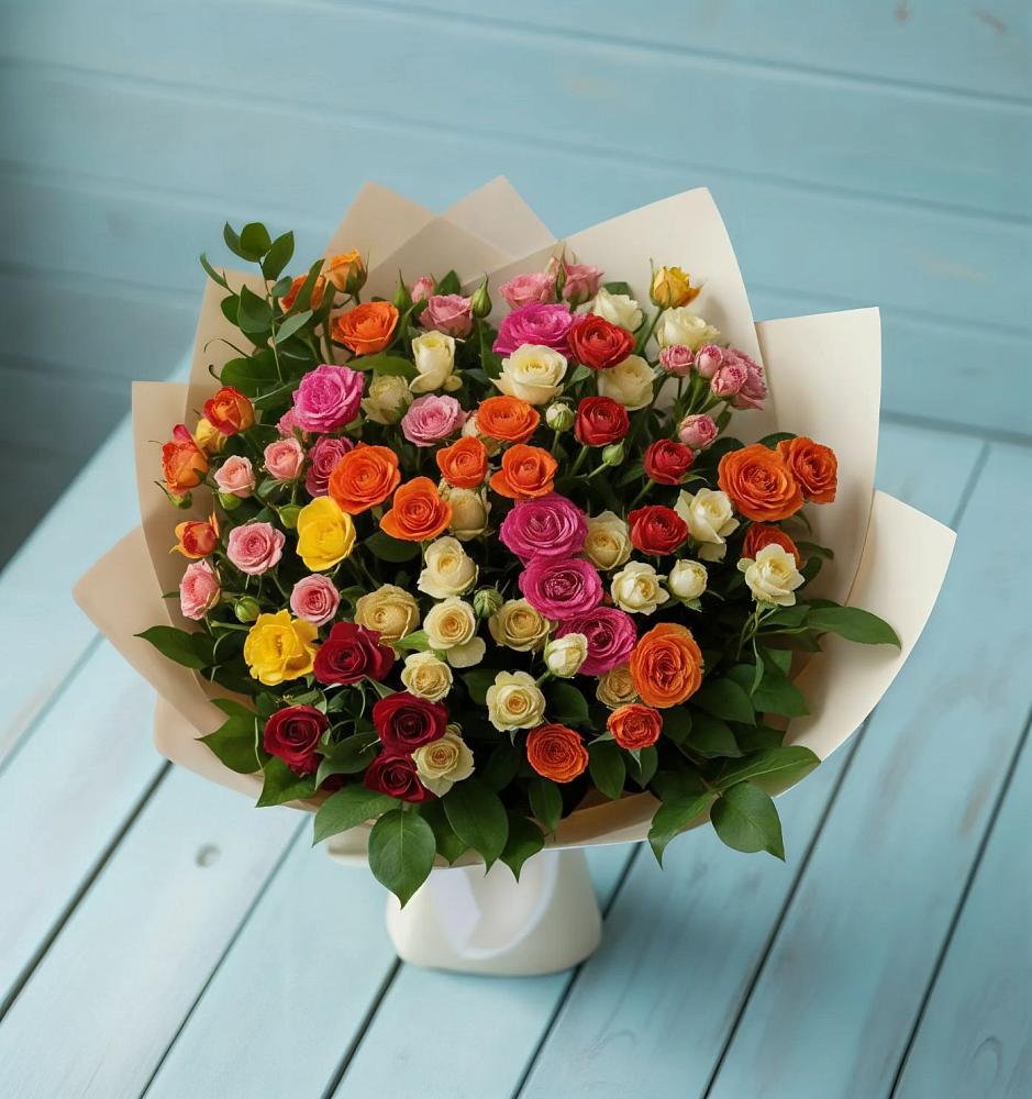 Букет Микс из разноцветных кустовых роз в хуторе Ленина