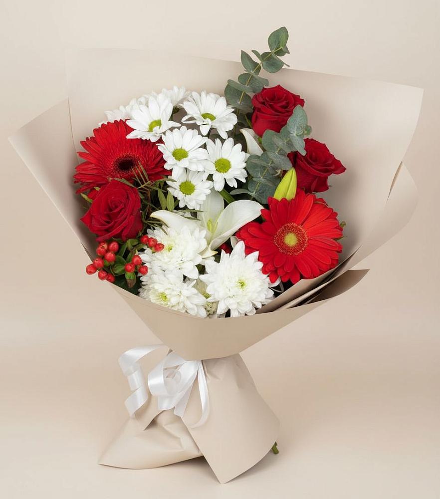 Букет цветов из: Розы, Хризантемы, Герберы и Лилии в хуторе Ленина