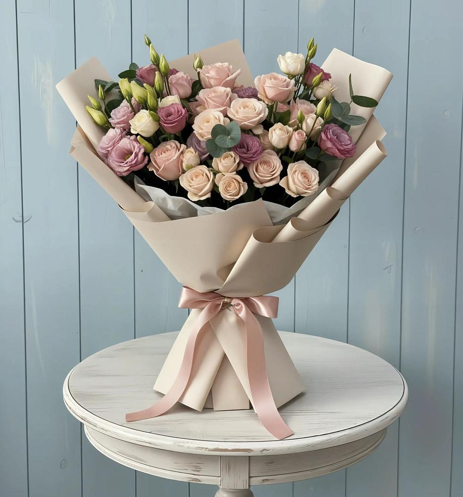 Букет цветов из: Розы и Лизиантусы в хуторе Ленина