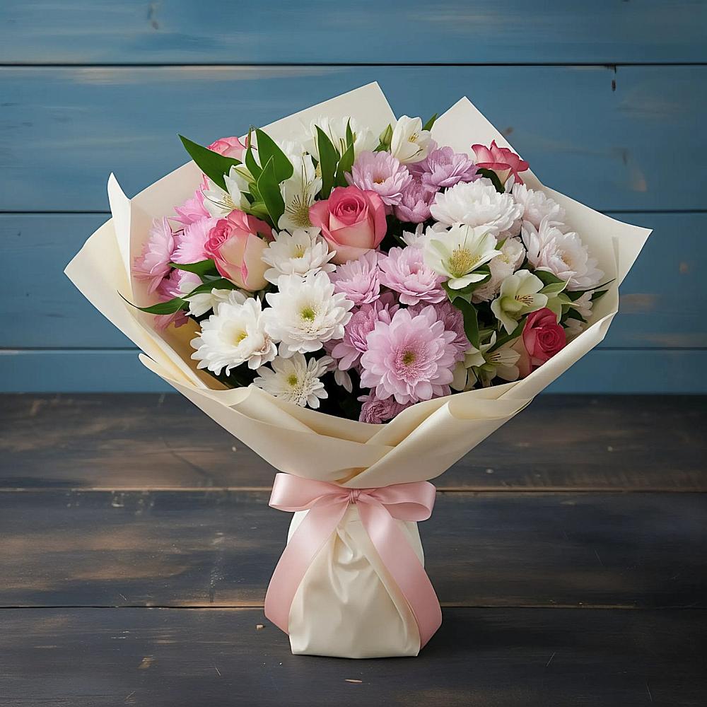 Букет цветов из: Хризантемы, Альстромерии и Розы в хуторе Ленина